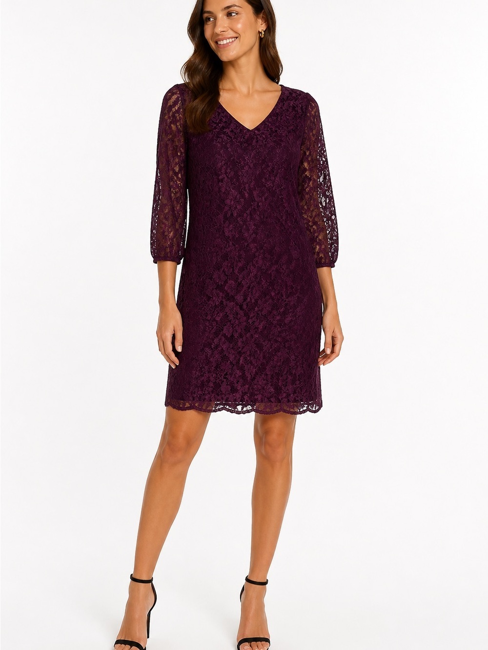 Garnet Hill Lace Dress Plum Purple V Neck Sheer Sleeves Size 4